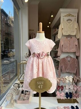 Mia & Mimi Delicate Pink Lace  Dress w/Stationary Floral Sash, Size 4T, EPreLC